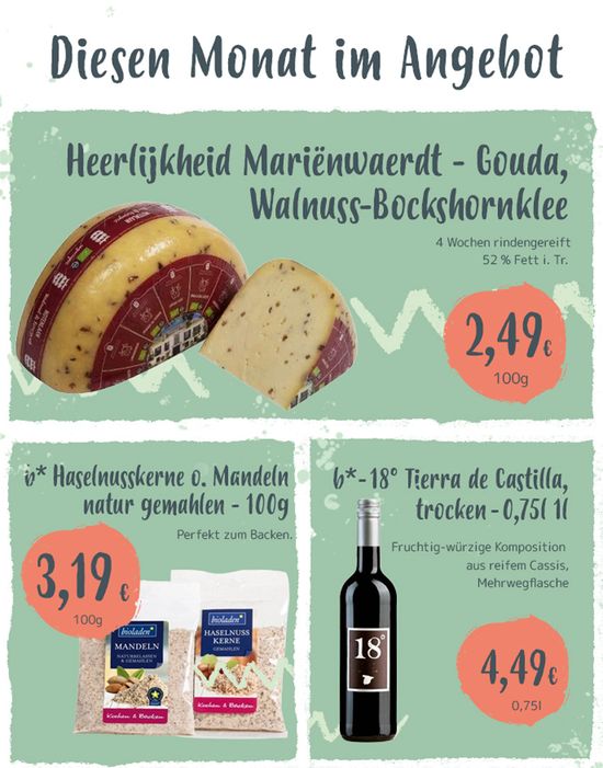 KI generiert: Das Bild zeigt ein Angebotsprospekt mit drei Produkten: Wiggensbach Uriger Allgäuer Käse, Naturata Gemüsebrühe und Lammsbräu EdelPils. Es werden Preise und kurze Beschreibungen der Produkte präsentiert.