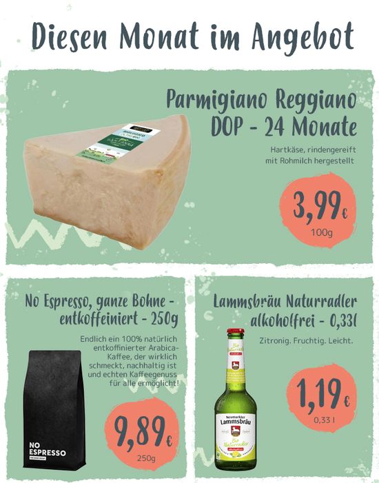 KI generiert: Das Bild zeigt ein Angebotsprospekt mit drei Produkten: Wiggensbach Uriger Allgäuer Käse, Naturata Gemüsebrühe und Lammsbräu EdelPils. Es werden Preise und kurze Beschreibungen der Produkte präsentiert.