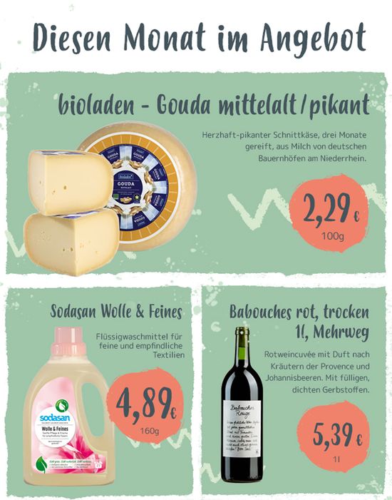 KI generiert: Das Bild zeigt ein Angebotsprospekt mit drei Produkten: Wiggensbach Uriger Allgäuer Käse, Naturata Gemüsebrühe und Lammsbräu EdelPils. Es werden Preise und kurze Beschreibungen der Produkte präsentiert.