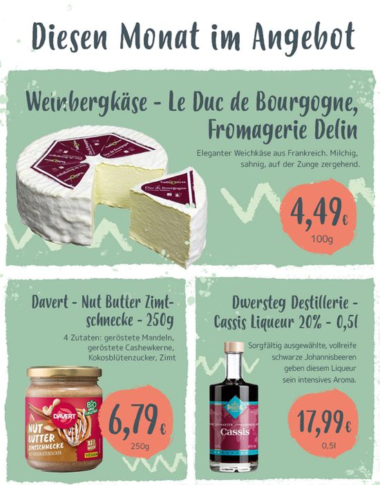 KI generiert: Das Bild zeigt ein Angebotsprospekt mit drei Produkten: Wiggensbach Uriger Allgäuer Käse, Naturata Gemüsebrühe und Lammsbräu EdelPils. Es werden Preise und kurze Beschreibungen der Produkte präsentiert.