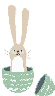 KI generiert: Ein Kaninchen schaut aus einem offenen, dekorierten Ei hervor.