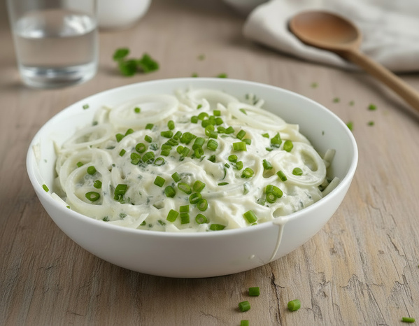 KI generiert: Schüssel mit Zwiebel-Sahne-Salat, garniert mit Schnittlauch auf einem Holztisch.