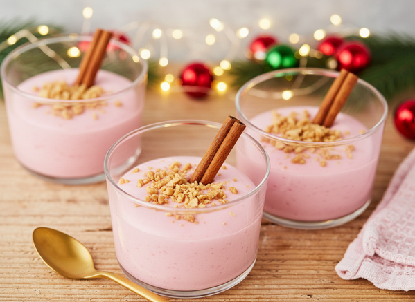 KI generiert: Drei Gläser mit rosa Dessert, Zimtstangen und Nüssen, umgeben von Lichtern und weihnachtlicher Deko.