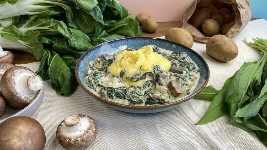 Rezeptbild für 346. Kartoffelstampf mit gebratenen Pilzen, Pak Choi und Bärlauchsoße