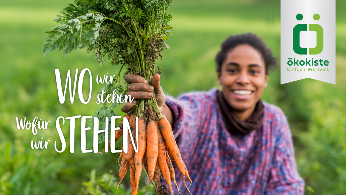 Grüne Bio-Kiste gefüllt mit frischem Obst und Gemüse steht vor Haustür.