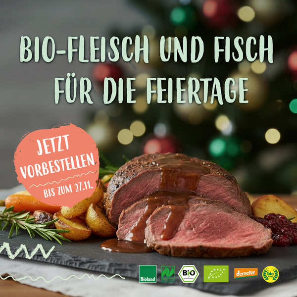 KI generiert: Ein Bild von einem Braten mit Text: "Bio-Fleisch und Fisch für die Feiertage. Jetzt vorbestellen bis zum 27.11."