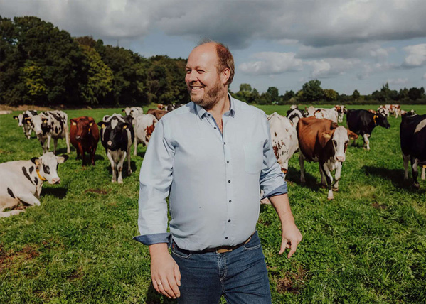 KI generiert: Ein Mann steht auf einer Weide, umgeben von Kühen.