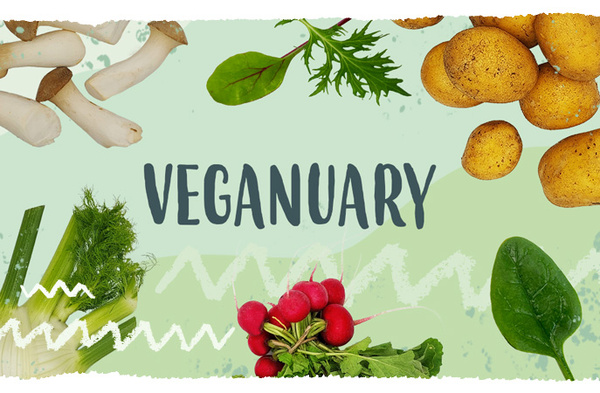 KI generiert: Das Bild zeigt den Schriftzug "VEGANUARY" auf einem grünen Hintergrund, umgeben von verschiedenen Gemüsesorten wie Pilzen, Blättern, Kartoffeln, Fenchel und Radieschen. Der Hauptinhalt des Bildes ist die Promotion einer veganen Ernährung im Januar.