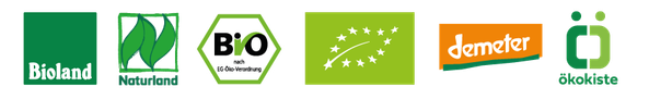 KI generiert: Das Bild zeigt verschiedene Bio-Siegel: Bioland, Naturland, BIO, EU-Bio, demeter und Biokreis.