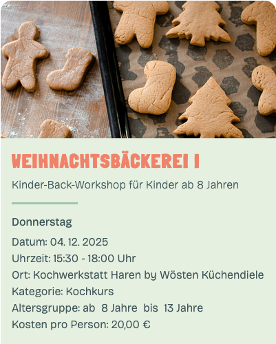 KI generiert: Plätzchen in Weihnachtsform; Text zu Kinder-Back-Workshop am 04.12.2025, 15:30-18:00 Uhr, Kosten: 20,00 €.