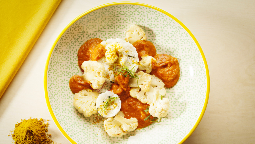 Rezeptbild für 241. Gebratener Blumenkohl mit fruchtiger Currysauce und Jasminreis (vegan)