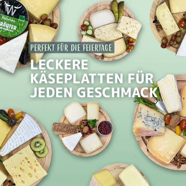 KI generiert: Verschiedene Käseplatten auf grünem Hintergrund. Text: "Perfekt für die Feiertage. Leckere Käseplatten für jeden Geschmack."