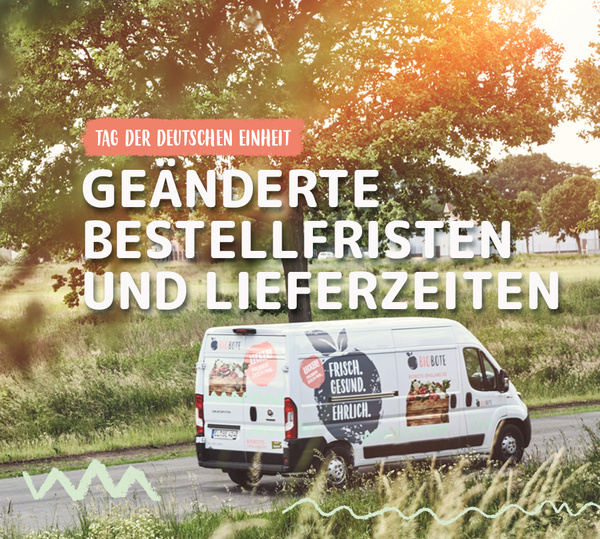 KI generiert: Lieferwagen auf Landstraße, Text: "GEÄNDERTE BESTELLFRISTEN UND LIEFERZEITEN" zum Tag der Deutschen Einheit.