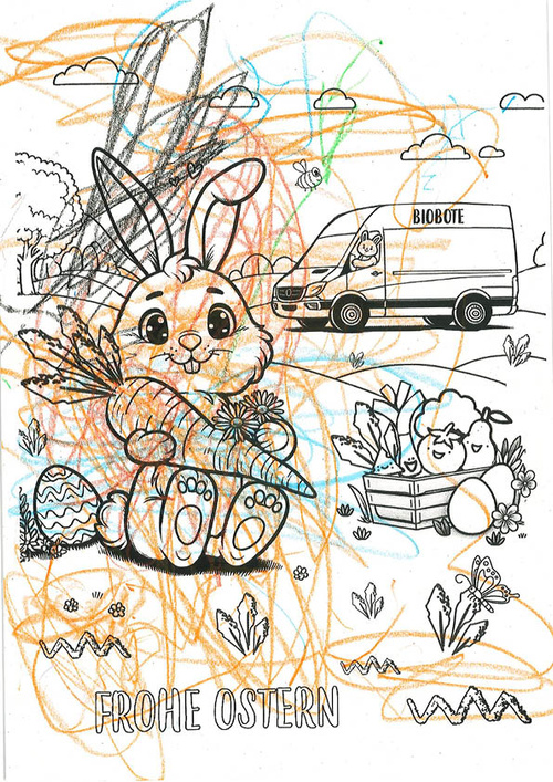 KI generiert: Buntes Osterbild mit Hase, Karotte, Lieferwagen, Schrift: "FROHE OSTERN". Viel kritzelige Übermalung.