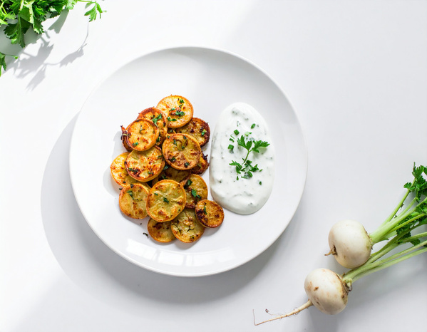 KI generiert: Gebratene Kartoffelscheiben und cremiger Dip auf weißem Teller, daneben zwei weiße Rüben mit Grün.