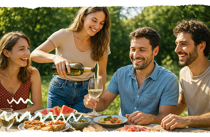 KI generiert: Vier Personen genießen ein Picknick im Freien, während eine Frau Wein einschenkt.