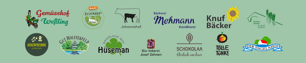 Unsere regionalen Bio-Landwirte und Erzeugerpartner: Bioland Gemüsehof Weßling, Demeter Heuerhof, Johannshof, Bäckerei Mehmann, Knuf Bäcker, Sozilialer Ökohof, Ackerfreunde Spelle, Gut Holsterfeld, Naturland-Hof Hüsemann, Bio-Imkerei Josef Dühnen, Schokolaa, Tolle Tunke, Engelnhof