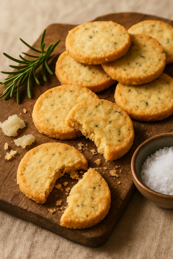 KI generiert: Kekse auf einem Holzbrett mit Rosmarin und einer Schale Salz.