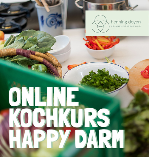 KI generiert: Frisches Gemüse und Schalen in einer Küche. Text: "ONLINE KOCHKURS HAPPY DARM".
