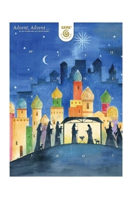 KI generiert: Ein Weihnachtskalender zeigt eine Krippenszene mit einer Stadt im Hintergrund. Text: "Advent, Advent..."