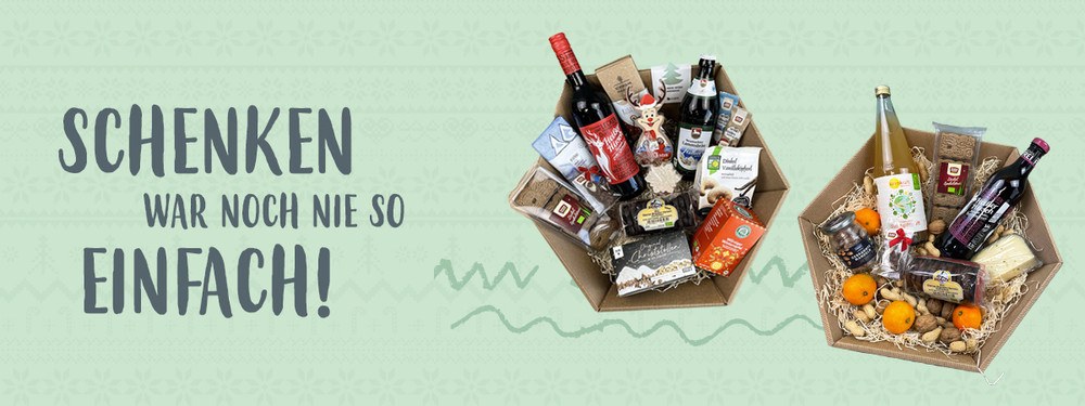 KI generiert: Geschenkboxen mit Lebensmitteln und Getränken; Text: "Schenken war noch nie so einfach!"