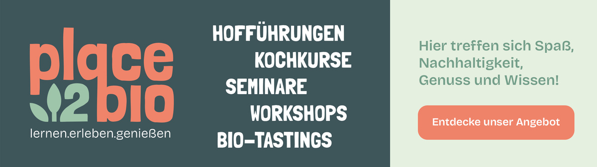 KI generiert: "Werbung für 'place2bio' mit Angeboten wie Kochkurse und Bio-Tastings. Text: 'Hier treffen sich Spaß, Nachhaltigkeit...'"