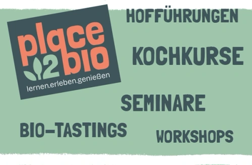 KI generiert: Das Bild zeigt das Logo von "place2bio" und listet Aktivitäten: Hofführungen, Kochkurse, Seminare, Bio-Tastings, Workshops.