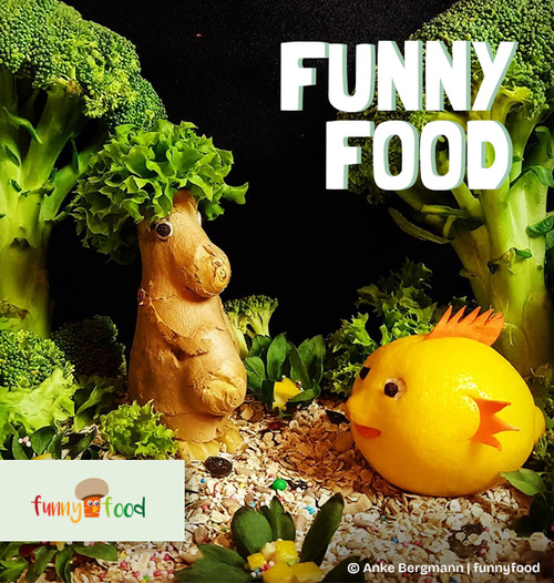 KI generiert: Lebensmittelskulpturen mit Brokkoli und Zitrone. Text: "FUNNY FOOD".