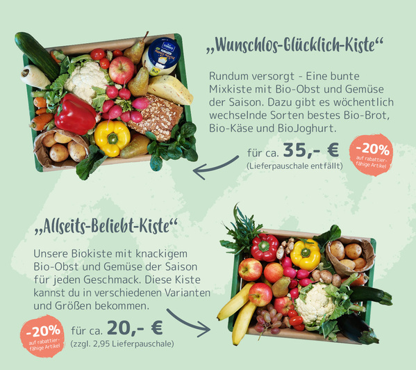 KI generiert: Das Bild zeigt zwei verschiedene Biokisten-Angebote mit saisonalem Bio-Obst und Gemüse. Die "Wunschlos-Glücklich-Kiste" kostet ca. 35 €, und die "Allseits-Beliebt-Kiste" kostet ca. 20 € zuzüglich einer Lieferpauschale.