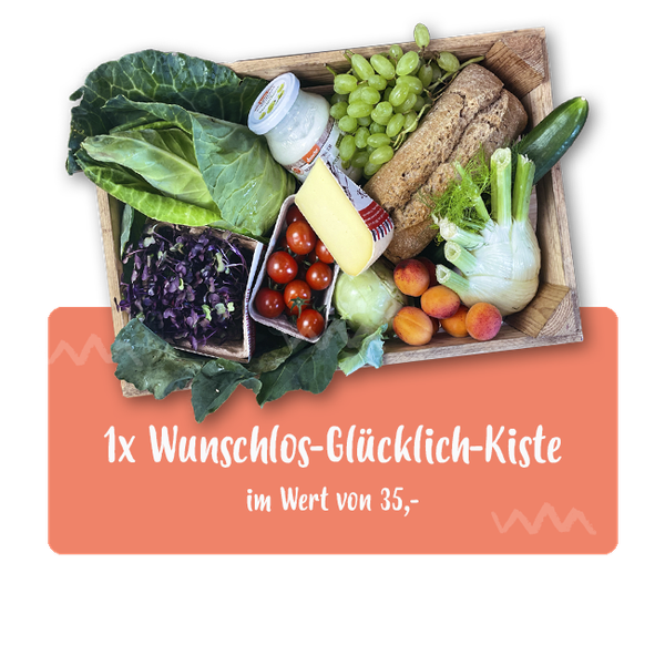 KI generiert: Eine Kiste mit frischem Obst und Gemüse. Text: "1x Wunschlos-Glücklich-Kiste im Wert von 35,-".