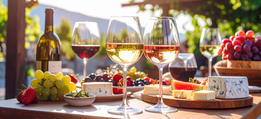 KI generiert: Wein und Käse auf einem Tisch in sonniger Umgebung, mit Früchten dekoriert.