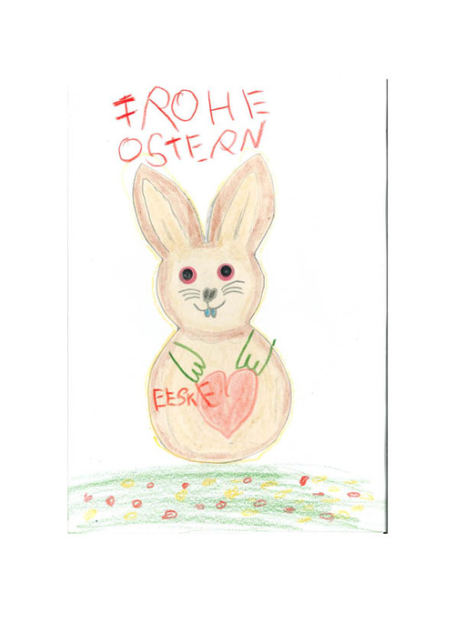 KI generiert: Ein gezeichneter Osterhase mit Herz, umgeben von Gras und Eiern. Text: "FROHE OSTERN".