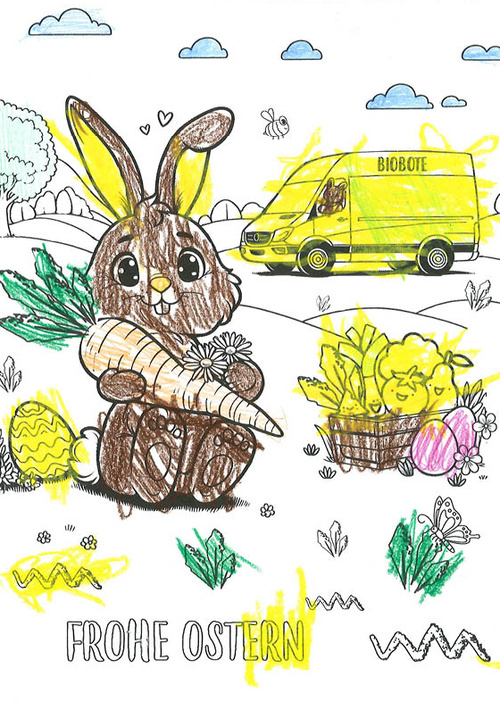 KI generiert: Ein Hase mit Karotte und Ostereiern, gelber Lieferwagen im Hintergrund. Text: "FROHE OSTERN".
