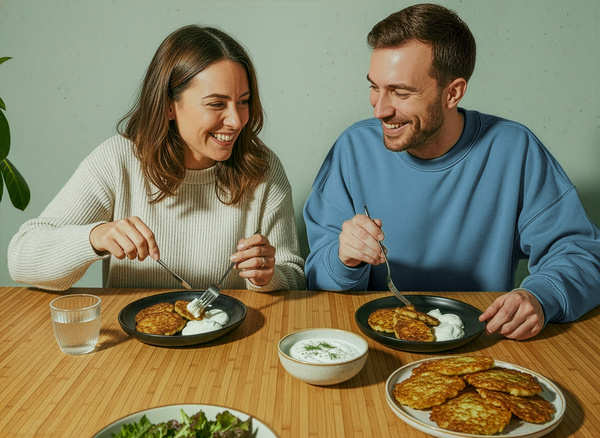 Pärchen isst Kürbis-Kartoffelpuffer mit Joghurt Dip.