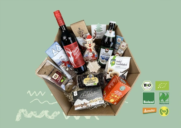 KI generiert: Ein Geschenkkorb mit verschiedenen Bio-Produkten. Text: BIO, Bioland, Naturland, Demeter, EU-Bio-Logo.