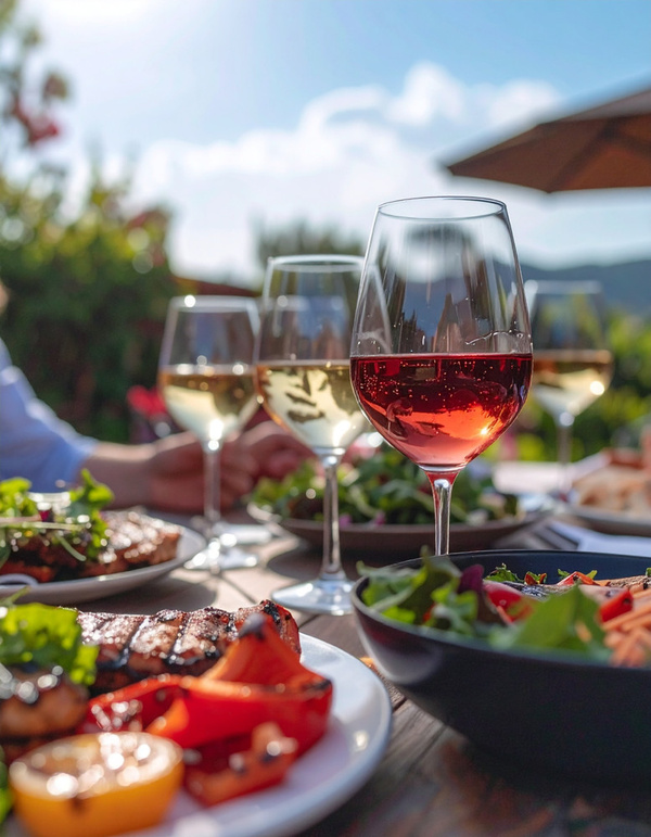 KI generiert: Weingläser und Essen auf einem Tisch im Freien unter sonnigem Himmel.