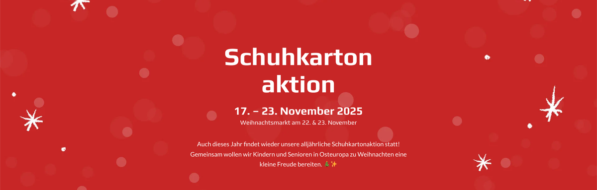 KI generiert: Roter Hintergrund mit Text über eine Schuhkartonaktion vom 17. bis 23. November 2025 zur Weihnachtszeit.