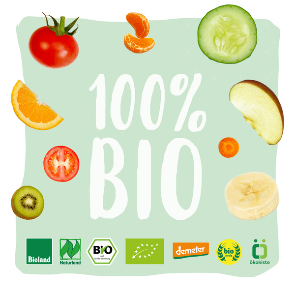 KI generiert: Frisches Obst und Gemüse mit dem Text "100% BIO" und diversen Bio-Zertifizierungslogos.
