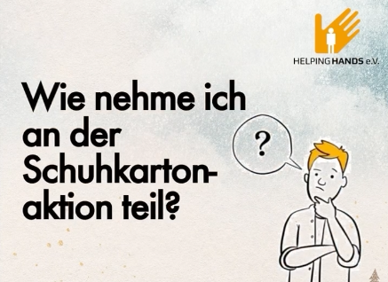 KI generiert: Ein Mann denkt nach; Text: "Wie nehme ich an der Schuhkartonaktion teil?" 