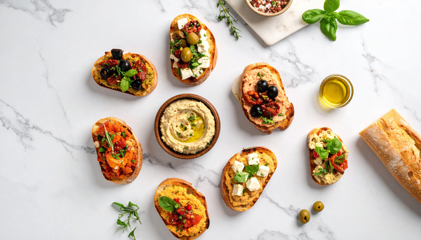 KI generiert: Verschiedene Bruschetta-Varianten und ein Hummus-Dip auf einem Marmortisch arrangiert.