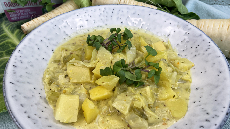 Rezeptbild für 69. Spitzkohl-Kartoffel-Pastinaken-Eintopf mit Senfcreme