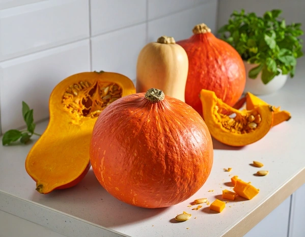 KI generiert: Kürbisse auf einer weißen Küchenarbeitsplatte, teilweise aufgeschnitten, mit frischen Kräutern im Hintergrund.