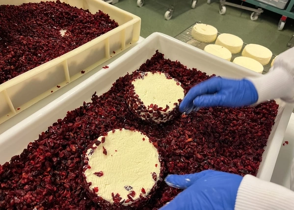 KI generiert: Eine Person bedeckt Käse mit getrockneten Beeren in einer Produktionsstätte.
