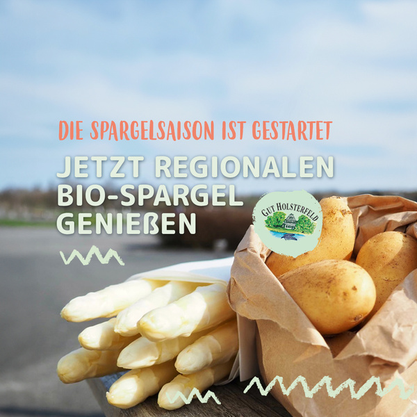 KI generiert: Spargel und Kartoffeln mit Text: "Die Spargelsaison ist gestartet. Jetzt regionalen Bio-Spargel genießen."