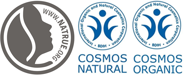 KI generiert: Logos für Natur- und Biokosmetik: NATRUE, COSMOS NATURAL, COSMOS ORGANIC.