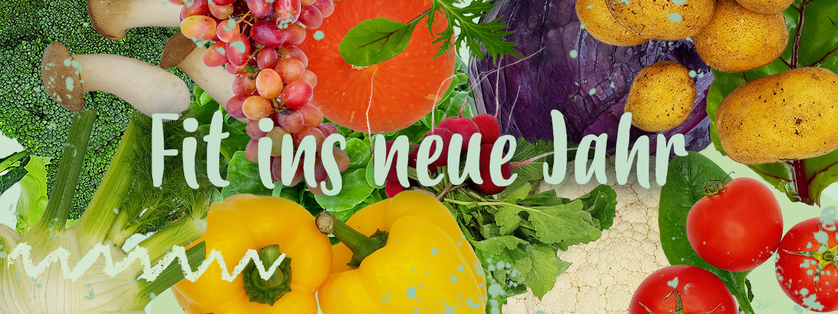 KI generiert: Das Bild zeigt eine bunte Auswahl an frischem Obst und Gemüse, darunter Trauben, Paprika, Grapefruit und Tomaten, begleitet von dem Schriftzug "Fit ins neue Jahr". Es vermittelt eine Botschaft der gesunden Ernährung zum Jahresbeginn.