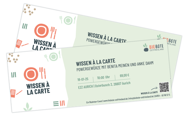 KI generiert: Das Bild zeigt ein Ticket für eine Veranstaltung namens "Wissen à la Carte", die am 25. Januar um 10:00 Uhr in Aurich stattfindet. Thema der Veranstaltung sind Powergewürze mit Benita Meinen und Anke Dahm.