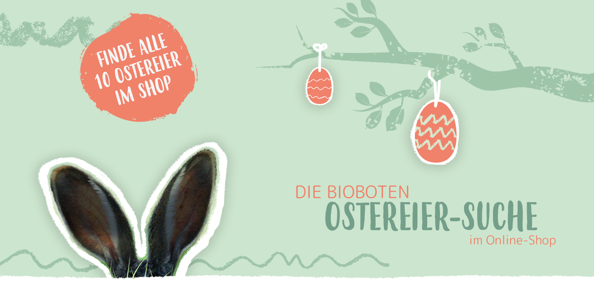 KI generiert: Hintergrund mit Hase und Ostereiern, Text: "Finde alle 10 Ostereier im Shop" und "Die Bioboten Ostereier-Suche im Online-Shop".