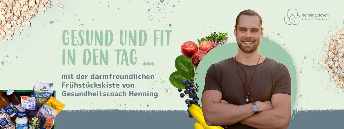 KI generiert: Gesundheitscoach neben gesunden Lebensmitteln, mit Text: "Gesund und fit in den Tag mit der darmfreundlichen Frühstückskiste."
