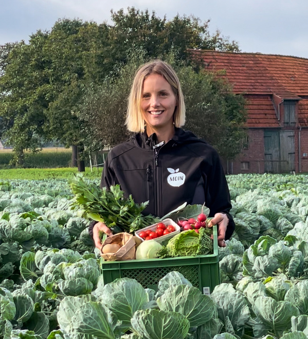 KI generiert: Eine Person steht in einem Gemüsefeld und hält eine Kiste mit frischem Gemüse. Im Hintergrund ist ein Bauernhof zu sehen.